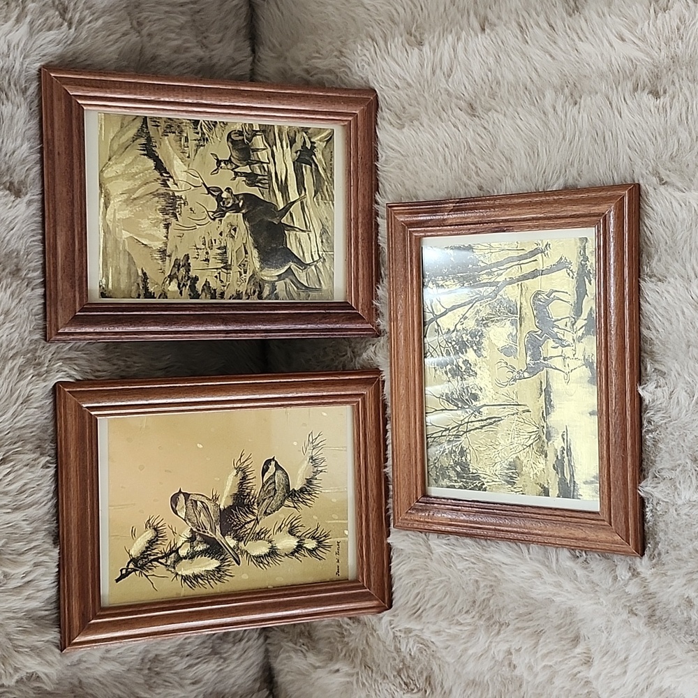 Vintage signed etched foil art wood framed small deer birds woods scene